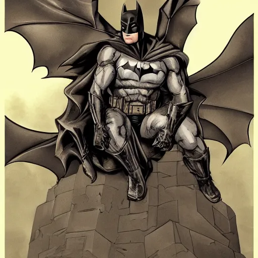 Image similar to batman sitting on a stone gargoyle looking down on gotham, comic book, illustration, night, mysterious, cinematic, hyperdetailed, artstation trending