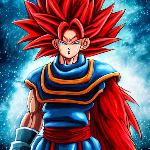 Prompt: a gorgeously defined character with long red hair and immensly glowing eyes, wearing saiyan armor with blue baggy pants, surrealism art, portrait!!, intricately detailed, 4 k quality