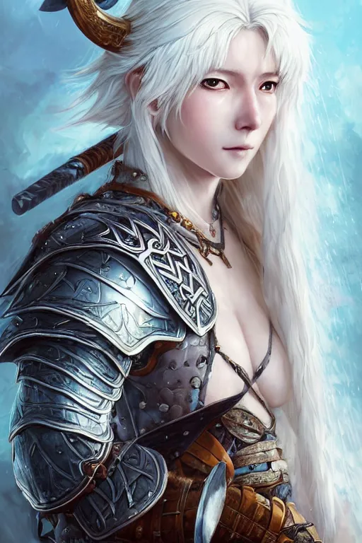 Image similar to A realistic anime portrait of a beautiful white haired female barbarian wearing an intricate viking armor, digital painting, by Stanley Artgerm Lau, Sakimichan, WLOP and Rossdraws, digital painting, painterly, Pixiv, Deviantart, golden ratio, rule of thirds, good composition, HD, 8k, award winning, promo art, splash art, rpg, jrpg, dungeons and dragons, DND, trending on ArtStation