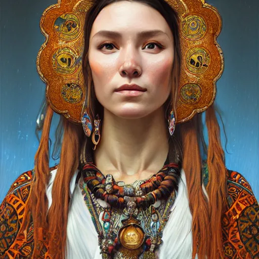 Prompt: a portrait of a female shaman, upper half portrait, decorated with russian motifs, russian shaman, siberia, traditional russia, intricate, elegant, highly detailed, symmetry, headpiece, digital painting, artstation concept art smooth sharp focus, illustration, art by artgerm and greg rutkowski alphonse mucha 8 k