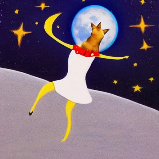 Image similar to a cat dancing flamenco on the moon