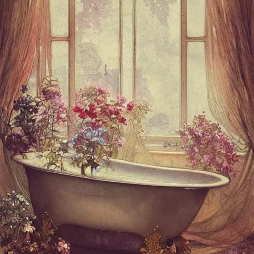 Prompt: a beautifull intricate watercolour painting of a victorian room with many flowers and bathtub, reflexions, verry high details by william turner art, greg rutkowski and alphonse mucha, trending on artstation, very very detailed, masterpiece, - n 9