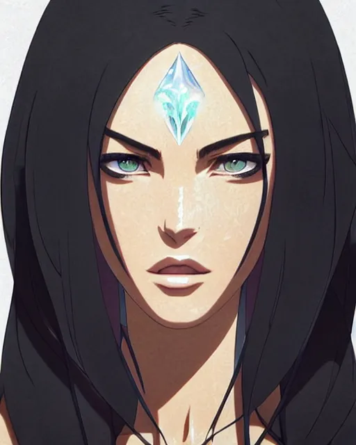 Image similar to azctec queen, megan fox, gemstone forehead, detailed perfect face, exquisite details, fire magic, mid view, design on a white background, by studio muti, greg rutkowski makoto shinkai takashi takeuchi studio ghibli