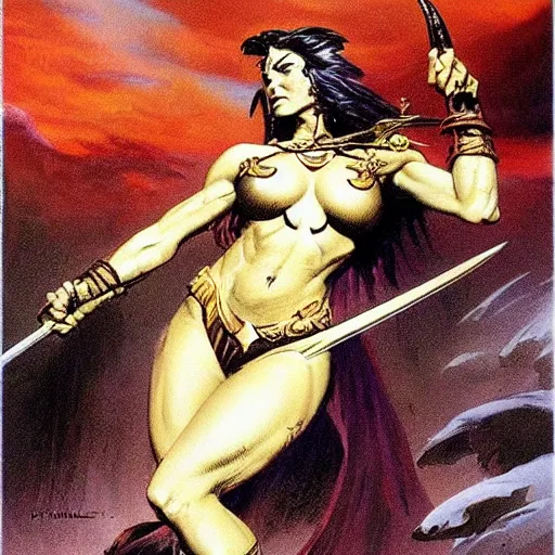 Image similar to warrior princess by Frank Frazetta,fantasy artwork,bold,striking,high quality!!!!!,masterpiece!!!! 😚