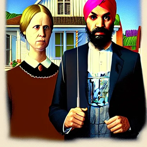 Image similar to Justin Trudeau beside Jagmeet Singh, pictured in the american gothic painting, concept art, sharp focus, highly detailed digital painting by Grant Wood, artstation