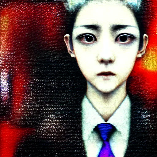 Image similar to yoshitaka amano blurred and dreamy realistic three quarter angle portrait of a young woman with short white hair and black eyes wearing office suit with tie, junji ito abstract patterns in the background, satoshi kon anime, noisy film grain effect, highly detailed, renaissance oil painting, weird portrait angle, blurred lost edges