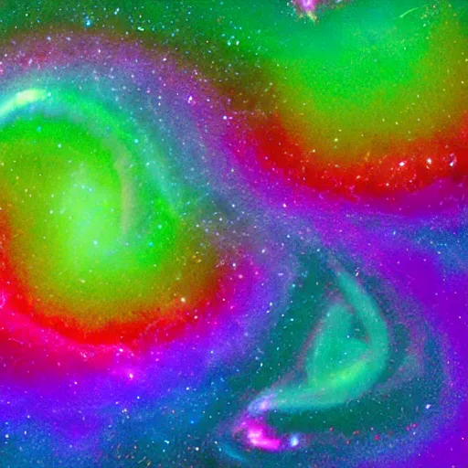 Prompt: a photo split into three horizontal layers. the top layer is the auora borealis. the middle layer is a mix between a giant squid, killer whale, and crab which swims under water amongst a school of colorful fish. the bottom layer is galaxies of outer space. 4 k, realistic