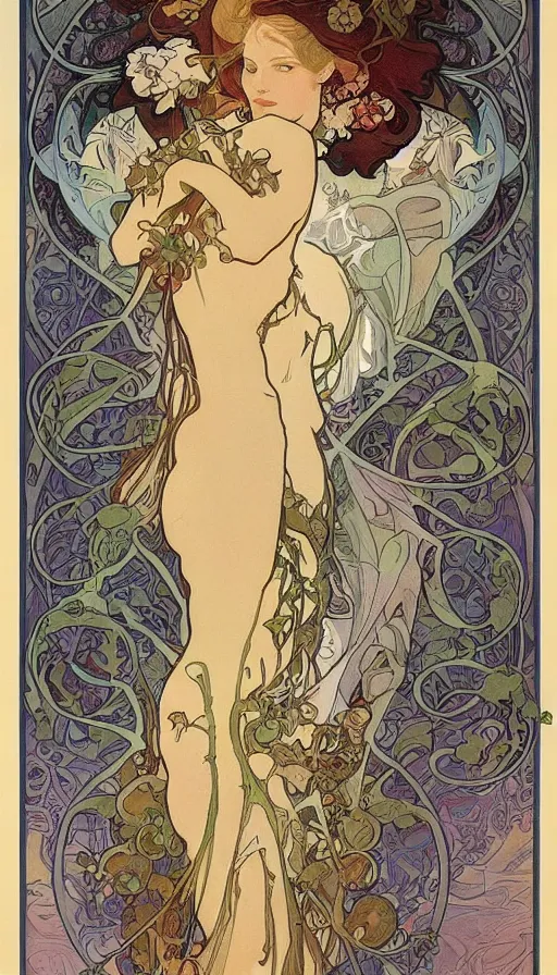 Image similar to fantasy art by Alfons Mucha,beautiful,high quality,masterpiece,incredible,pretty,gorgeous,stunning,appealing,4k,detailed,intricate,coherent symmetrical,fullbody,full body,face