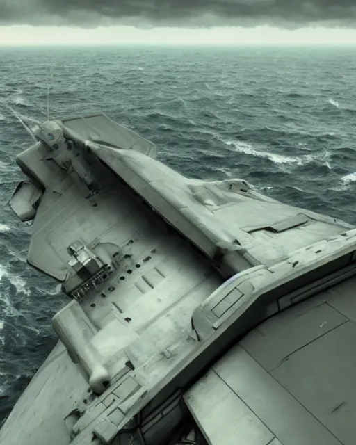 Image similar to view from an aircraft carrier of stormy seas, a gigantic spaceship flying overhead, stormy weather, unreal engine, hyper realism, realistic shading, cinematic composition, realistic render, octane render, detailed textures, photorealistic, ultrawide shot, 16mm lens