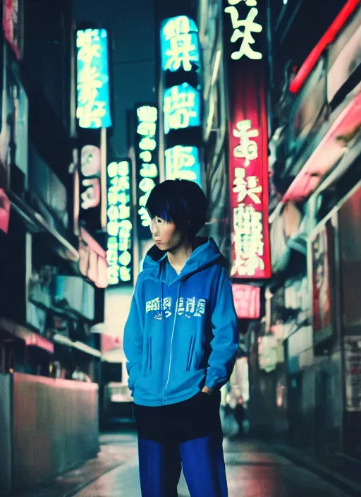 Image similar to High sneakers cyberpunk japanese, blue hour, twilight, cool, portrait, Kodachrome, ISO1200,