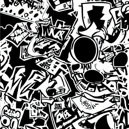 Image similar to zef design black and white color scheme, graffiti, cute characters