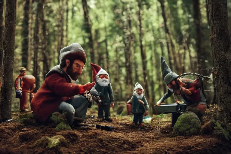 Prompt: movie scene portrait closeup, real life team of tiny gnome people building a tiny house in the forest natural lighting by emmanuel lubezki