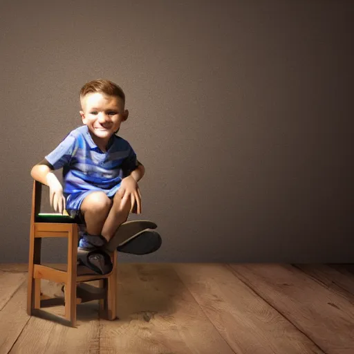 Prompt: Small kid, sitting on a chair in backrooms, high detailed, realistic photo