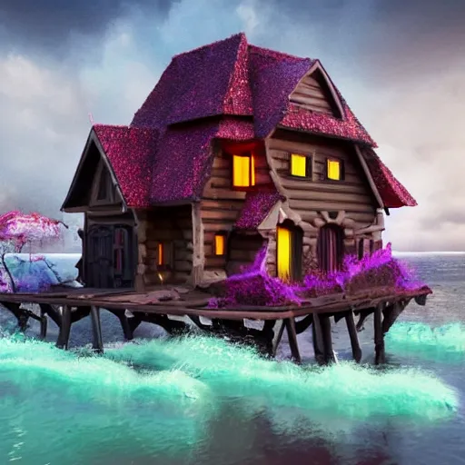 Image similar to a witches house made out of candy, on the ocean, epic scene, fantasy, redshift render, cgi, hyper - detailed, photo - bash, 8 k post - production, masterpiece