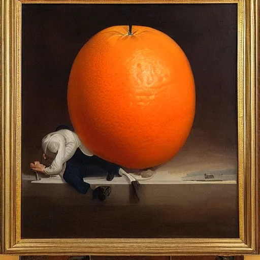 Image similar to presidential painting of an orange fruit, DIRECTLY below the orange fruit is the headless body of a president, attached to the fruit