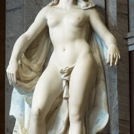 Image similar to mila kunis as a marmor statue by michelangelo, church background