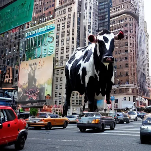 Image similar to giant mutant cow attacking new york city
