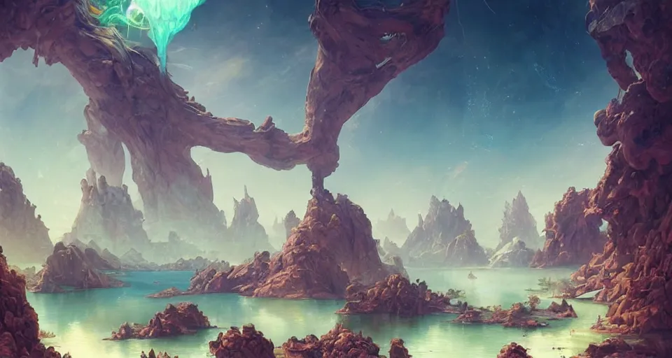 Prompt: a beautiful desert oasis!!!! with crystal clear water with an astronomically large humanoid!!!! monster!!!! in the sky, by wlop and peter mohrbacher, extremely detailed shading, concept art, digital painting, trending on artstation, unreal engine 5, octane render, atmosphere, glow, cinematic lighting, full of color