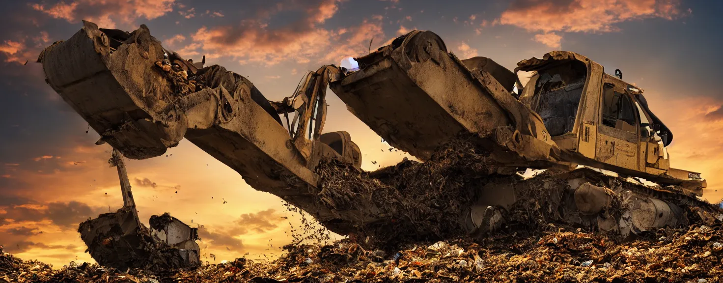 Image similar to Silhouette of single CAT caterpillar bulldozer moving garbage on junkyard heap, photorealistic image, golden hour, low angle shot, very detailed