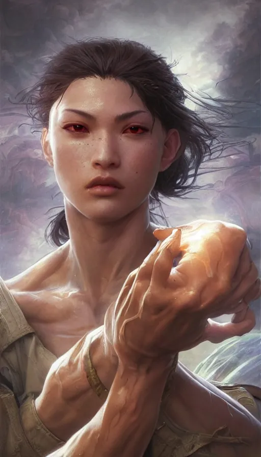 Prompt: epic masterpiece street fighter, sweaty skin, hyperrealistic, octane render, cinematic, beautiful face and flawless skin, perfect hands, 5 fingers, by Edgar Maxence and Ross Tran and Michael Whelan, Legends of Runeterra