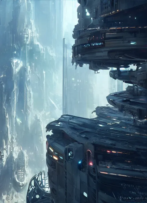 Image similar to A futuristic cityscape with a man standing on a ledge, a detailed matte painting by Wadim Kashin, CGsociety, panfuturism, greeble, matte painting, Cryengine