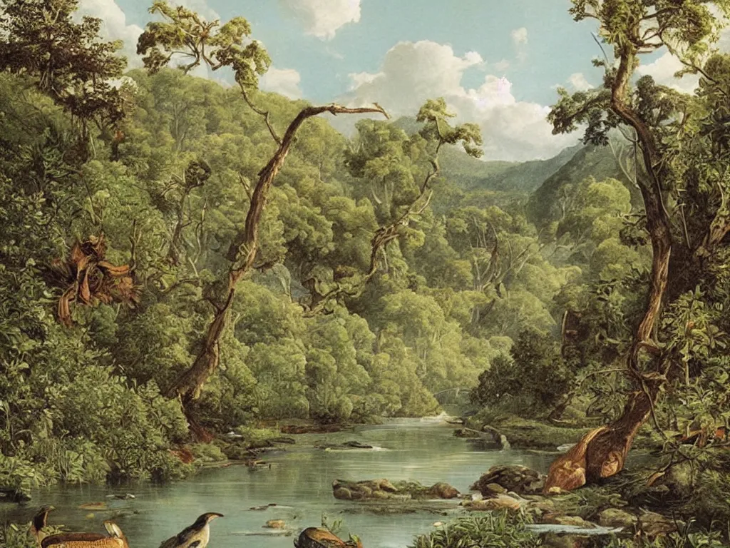 Prompt: Fauna on Earth 50 million years ago. A river, meadow. Painting by Audubon