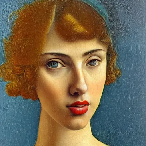 Image similar to a detailed profile portrait oil painting of a very young italian woman resembling scarlett johansson and ana de armas, in the style of boticelli's young woman in mythological guise, by boticelli and davinci