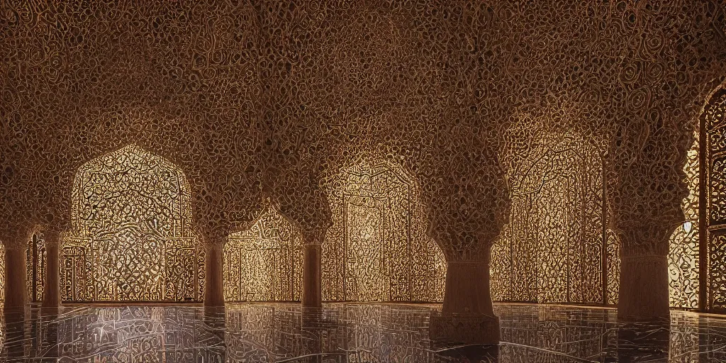 Image similar to an iwan with intricate muqarnas made of glowing obsidian and white marble, beautiful, volumetric lighting, cinematic lighting, golden hour