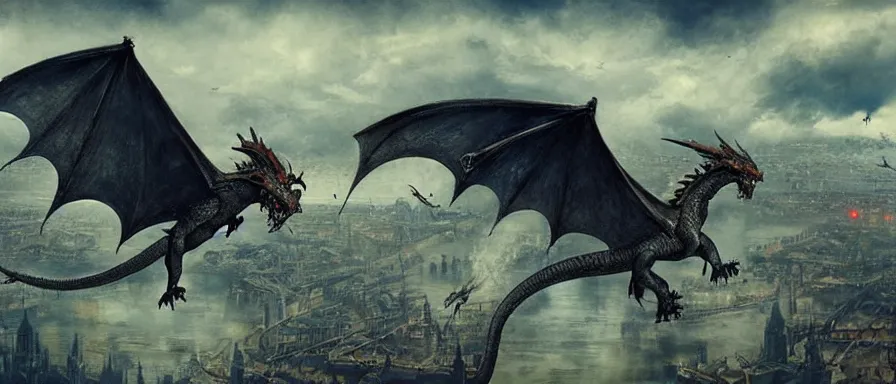 Prompt: dragons flying over the city, detailed matte painting, doomsday, trending on artstation, art by Alan Lee, Alexander Jansson, cinematic, full of color