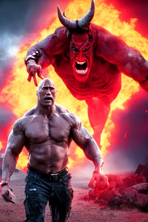 Prompt: Dwayne the Rock Johnson as the Devil, horns and red glowing eyes, smiling, post apocalyptic hell background, fires, high res render, octane cgsociety