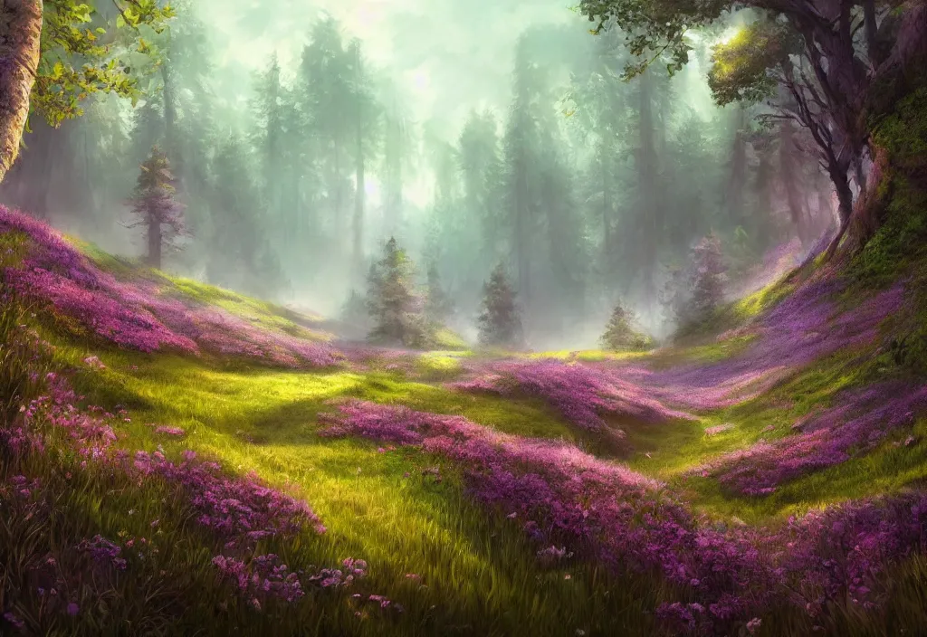 Image similar to a flowering meadow a forest behind it, no purple, epic alien fantasy, detailed, intricate, digital painting, concept art, realistic, smooth, focus, rim light