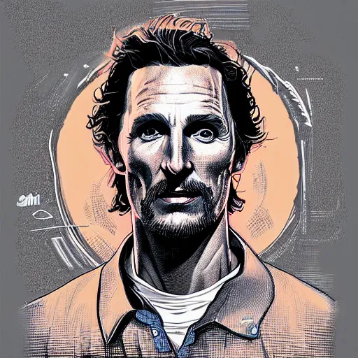 Image similar to a study of cell shaded portrait of matthew mcconaughey concept art, llustration, post grunge, concept art by josan gonzales and wlop, by james jean, Victo ngai, David Rubín, Mike Mignola, Laurie Greasley, highly detailed, sharp focus, alien, Trending on Artstation, HQ, deviantart, art by artgem