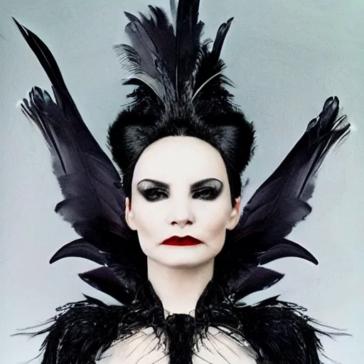 Image similar to dark swan queen, black hair, black feathers instead of hair, gothic, red lips, feathers growing out of skin, black fingers with black claws, bird feet, black bodysuit, disney villain, dark fae, moulting, suspended in zero gravity, on spaceship with cables hanging down, highly detailed, mucha