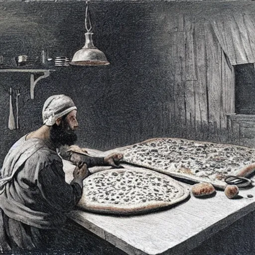 Prompt: man making pizza, oil on canvas, 1883