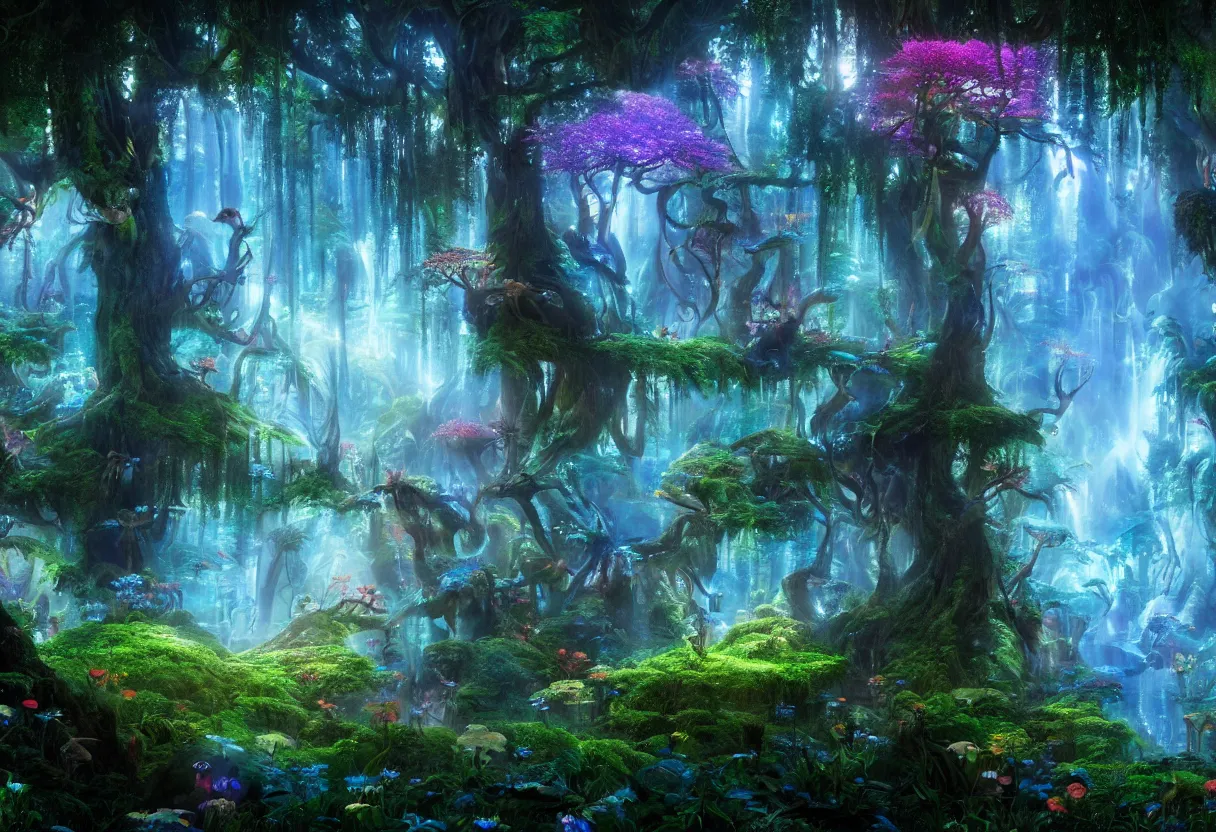 Image similar to A masterpiece digital art piece of a glowing magical forest from the movie Avatar. There are glowing blue plants, glowing red mushrooms, big trees and overhanging shrubbery. The air is fresh, stress-relieving. Heaven on earth. Trending on Artstation, cgsociety.