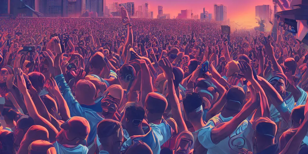 Prompt: rapper leaning over huge crowd reaching up to him, digital art, vapor wave, hip hop, trending on Artstation, professional artist, detailed, 4k