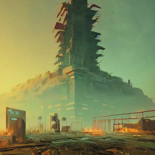 Prompt: when the last city fell, only the temple remained. a post - apocalyptic world by simon stalenhag, artstation trending