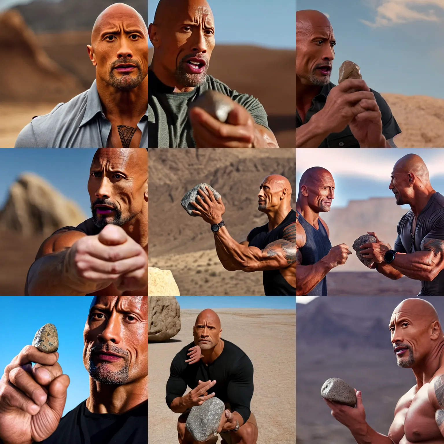 Prompt: dwayne johnson showing a rock to the photograph, surprised, expressive, 4 k, desert in background