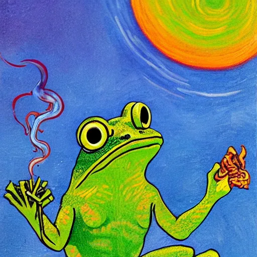 Prompt: a frog smoking a joint and enjoying a sunset, magical realism, ornate, style of an gogh, realistic, 4k,