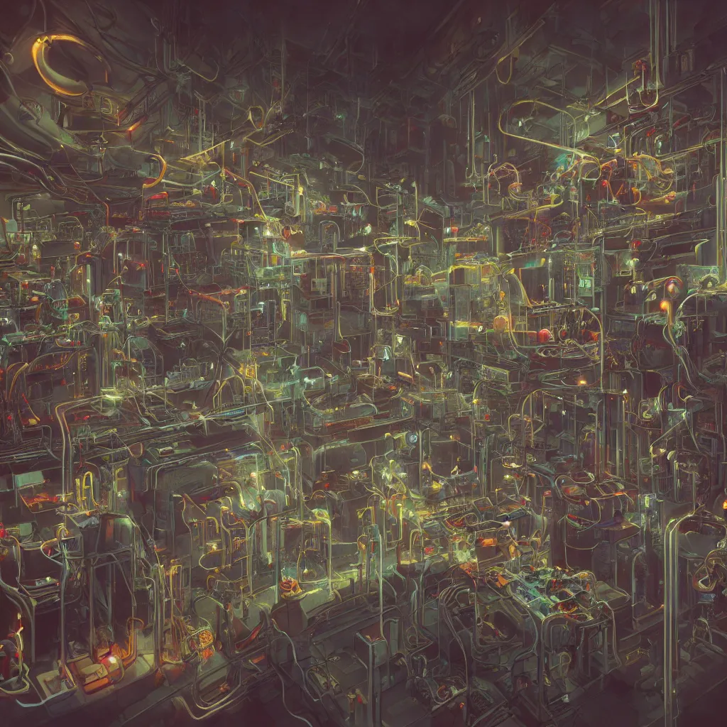 Image similar to an immaculate octane redshift concept art render of the nexus of a vast modern computing center and a mad alchemist\'s lab with exposed circuit boards, nixie tubes and tesla coils by Zdzisław Beksiński and beeple, beautiful modern colors, ultradetailed, 4k ultra