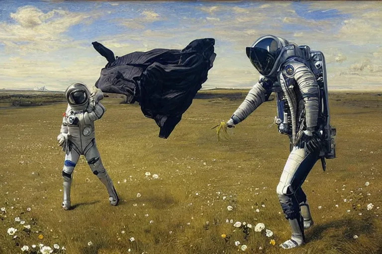 Image similar to sad portrait of an astronaut & a xenomorph in a meadow by sir john everett millais, photorealistic, hyperdetailed, ethereal, masterpiece, oil painting