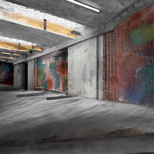 Image similar to underground prison, corroded metal bars, concrete, colorful tapestries, rugs, concept art