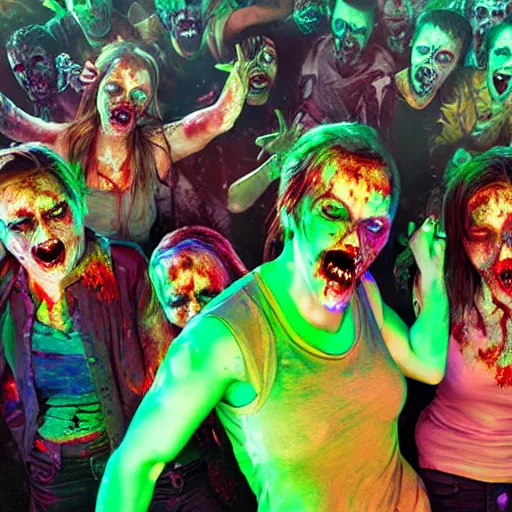 Prompt: zombies at a rave, highly detailed photorealistic