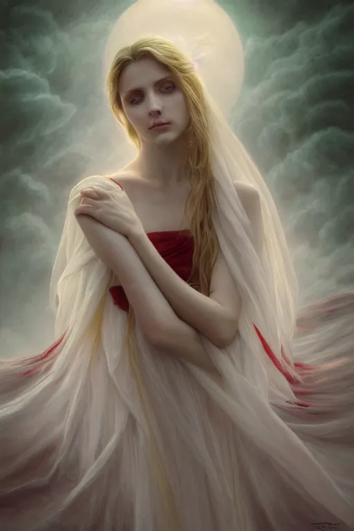 Image similar to portrait of white ghost, dark fantasy, gradient white red grey, dreamy and ethereal, green eyes, golden ratio, peaceful expression, lace, fantasy, intricate, elegant, stormy sky, highly detailed, digital painting, artstation, concept art, smooth, b sharp focus, illustration, art by artgerm and greg rutkowski and alphonse mucha