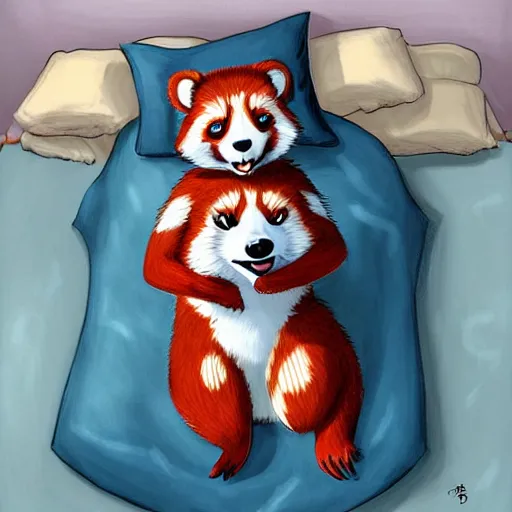 Image similar to commissioned full body portrait of an anthro!! red panda waking up in bed! and yawning, trending on furaffinity,