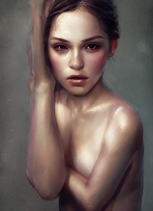 Image similar to a realistic photo portrait of beautiful 👧 with soft 👀 fashion modeling pose, full body, like a professional model, face by WLOP, body by Alex Flores, face symmetry, style of Dan Luvisi, and Charlie Bowater, artstation, rendered, cinematic color grading, muted colors, soft light, rule of thirds, cinematic