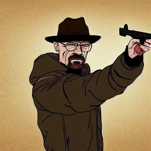 Prompt: Walter White pointing a revolver at right side, accurate anatomy, highly detailed, digital art