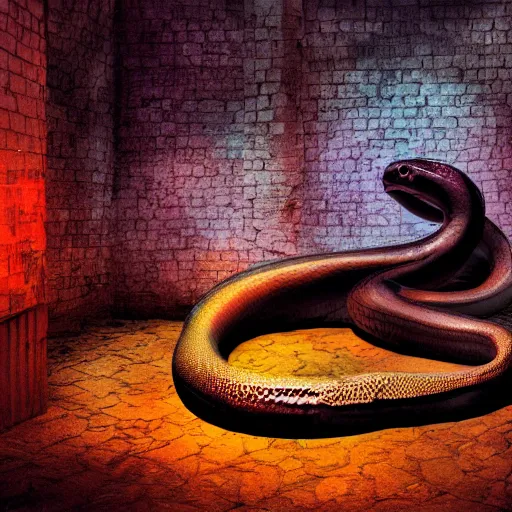 Prompt: A dark room with a large colored snake in the center of it, awarded photograph, dark fantasy, dramatic lighting
