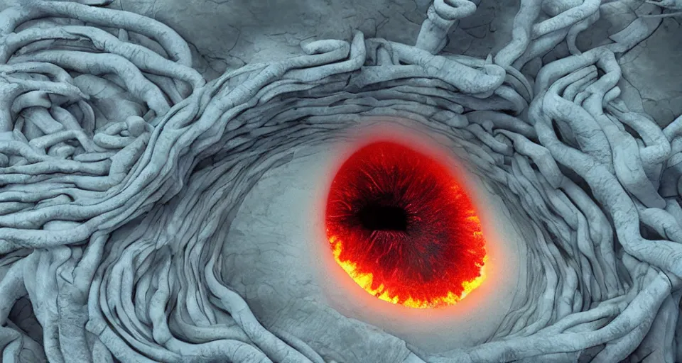 Image similar to a volcano made of ivory vines and crimson rocks enters in eruption, it spits a smoke in the shape of demonic eye, by Pixar Concept Artists