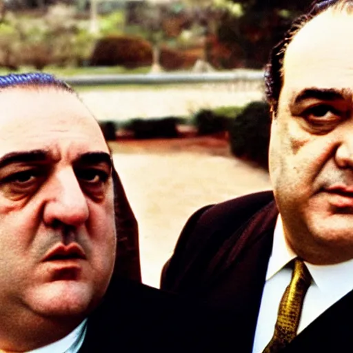 Image similar to a selfie photo of tony soprano and vito corleone, 8 k